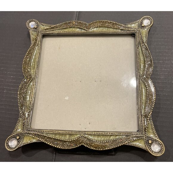 Vintage‎ Bejeweled Enamel Photo Picture Frame Square 3 1/2" Free Standing Boho - Picture 1 of 3